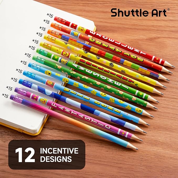 Shuttle Art Assorted Colorful Pencils, 180 Pack Kids Pencil Bulk with 12 Designs, #2 HB, Pre-sharpened Awards and Incentive Pencils for Kids School Home Party, easter pencils bulk