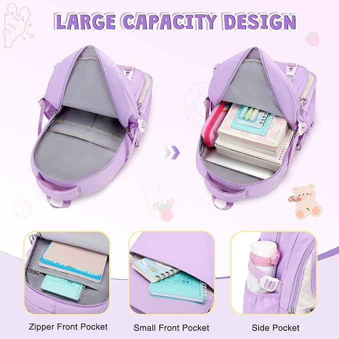 3PCS Girls Backpack for School, Kids Backpack for Girls with Lunch Box Pencil Case Set for Teen Girl Elementary Primary Middle High College School Bookbag with Cute Pins (Purple)