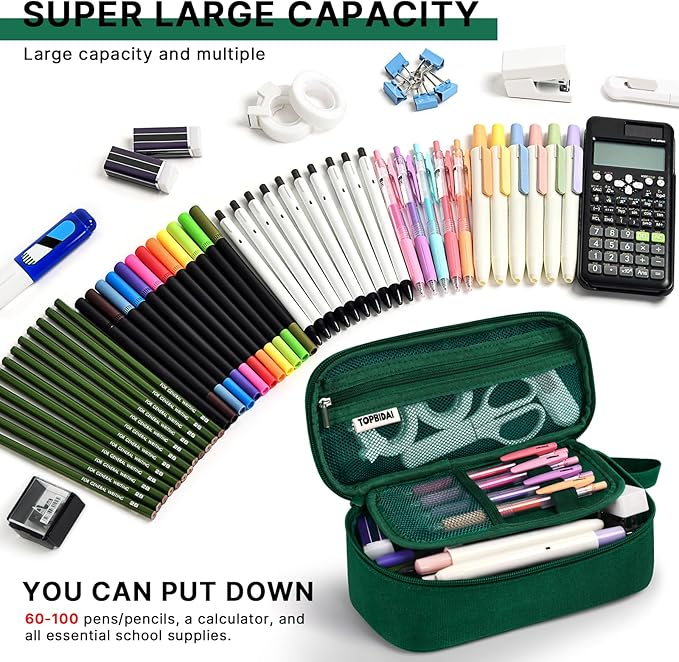 Large Pencil Case Pouch for Girls Boy Women Men Adults, Big Capacity Canvas Pencil Bag, Office College School Multi Compartment Zipper Stationery Pen Bag