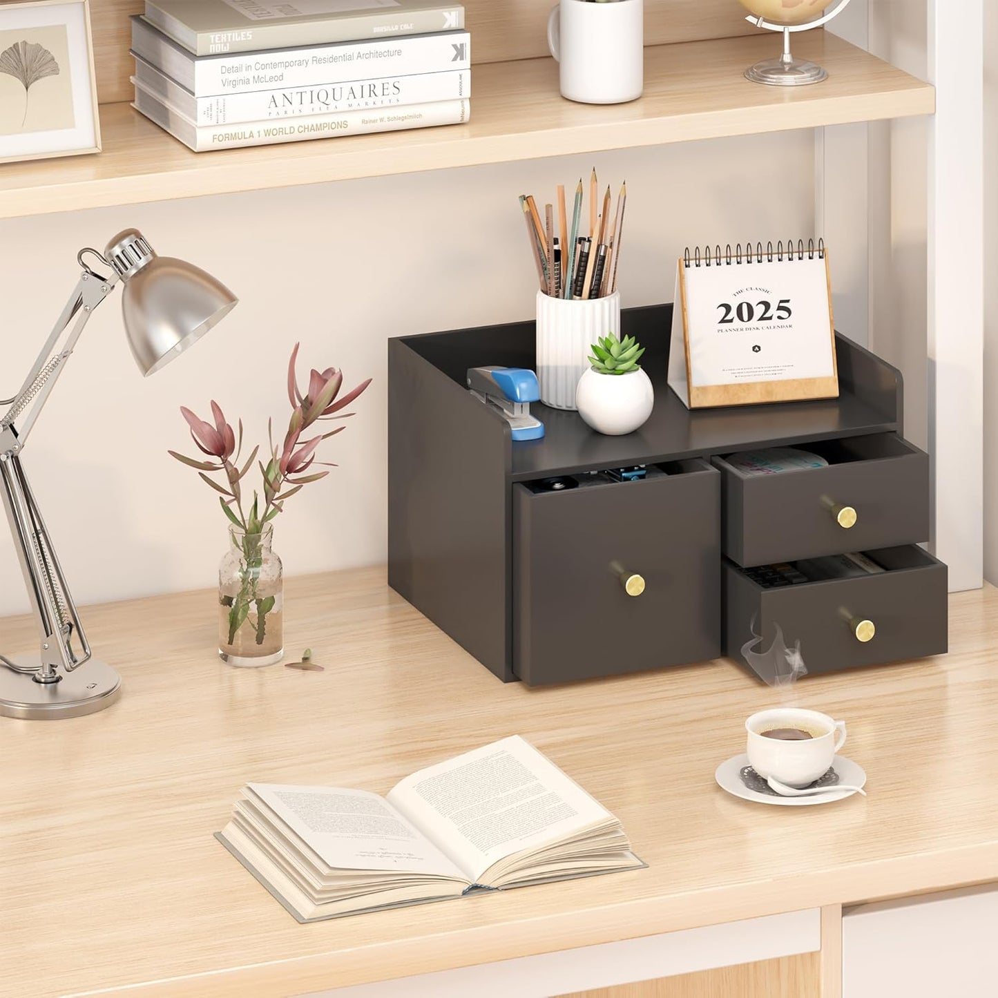 Bamboo Desk Organizer - Stackable, No Assembly Required, Ideal for Office/Home Use - Perfect for Toiletries, Stationery, Accessories. (Black, Square drawer to the left of the fence)