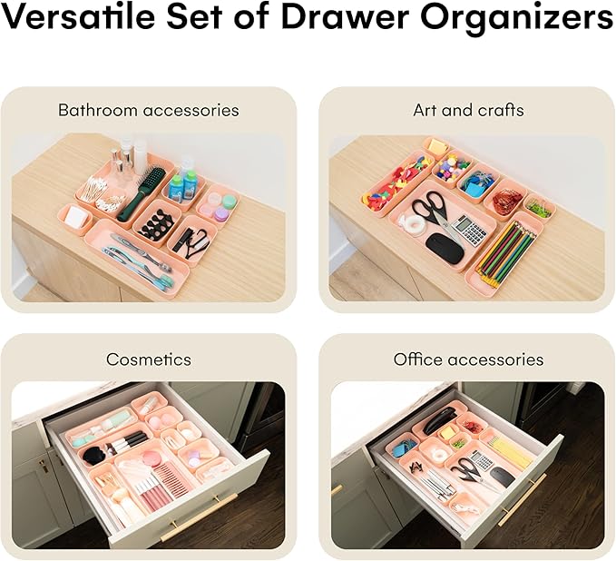Spacesaver 20-Piece Plastic Drawer Organizer Set – Office, Makeup, Vanity, Bathroom & Desk Drawer Storage Trays – Stackable, Durable PP Bins in Multiple Sizes for Home & Office Organization