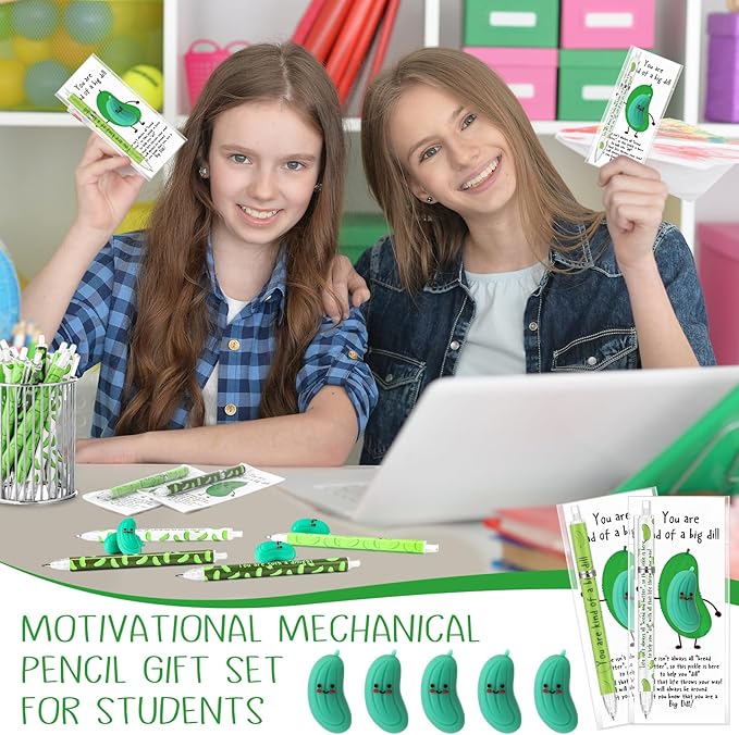 30 Sets Inspirational Pickle Gifts Bulk 6 Styles 0.7 mm Motivational Mechanical Pencils with Erasers Positive Cards Back to School Gifts for Student Teacher Coworker Office Supplies