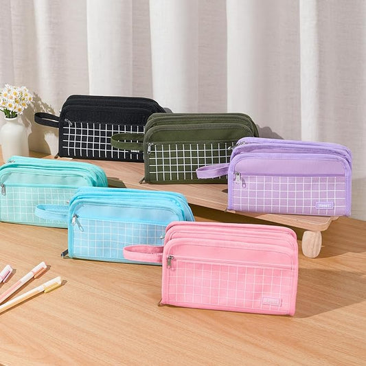 Sooez Large Pencil Case, Big Capacity Pencil Pouch Pen Bag with 3 Compartment, Portable Canvas Stationery Organizer with Zipper, Cute Aesthetic School Supplies for Teen Girls, Army Green with Plaid
