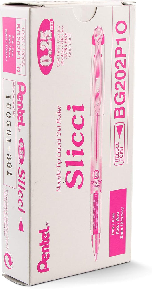 Pentel Arts Slicci 0.25 mm Extra Fine Gel Pen, Pink Ink, Box of 12 (BG202-P1)
