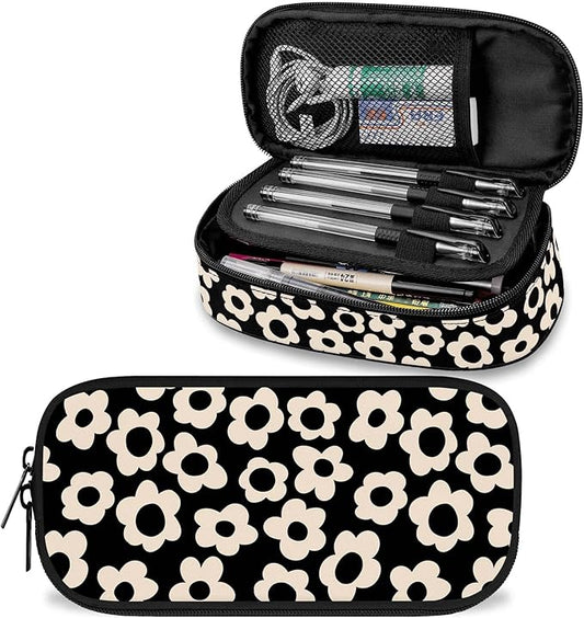 Black with Beige Flower Large Pencil Pouch Big Capacity Cute Pencil Case for Girls Boys Teen Women Men Adult,Portable Kids Pencil Bag with Zipper,Stationery Storage Pen Bag for School Office Organizer