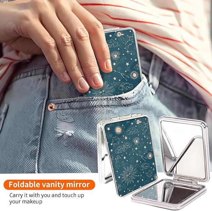 Compact Pocket Mirror, Cute Travel Mini Mirror with Magnification, Foldable Double-Sided Portable Cosmetic Mirror for Men, Women Blue Sun and Moon