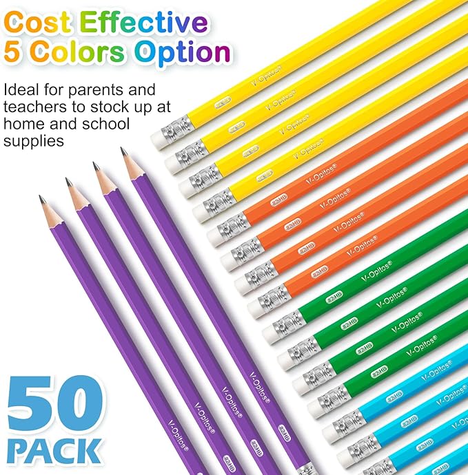 V-Opitos #2 Pre-Sharpened Wood-Cased Pencils, 50 Pack with Top Erasers, Bulk 2HB Pencils in Assorted Colors for School, Writing, Drawing and Sketching