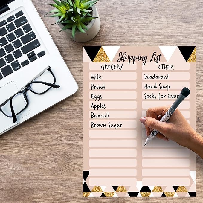 Dry Erase Shopping List Vinyl Sticker Decal Whiteboard by Glassboard Studio | Removable & Reusable | Magnetic Fine-Tip Marker Included (9 x 12 inches, Rose & Gold)