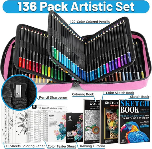 136 PCS Colored Pencils Set for Adult Coloring Books, 120 Colored Pencils with Sketchbook, Coloring Book, Sharpener, Soft Core Oil-Based Coloring Pencils for Artists Drawing Sketching Blending Shading