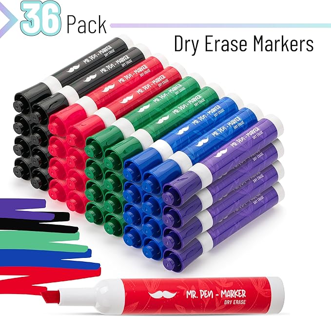 Mr. Pen- Dry Erase Markers Chisel Tip Markers, Low Odor Chisel Tip, 36 Pack, Assorted Colors, White Board Markers Dry Erase Pens