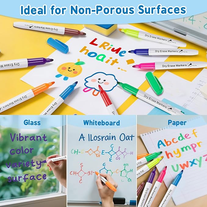 144 Count Dry Erase Markers Bulk, 12 Assorted Colors, Fine Tip Whiteboard Markers for Kids Teachers, Dry Erase Pens Bulk Pack for Classroom Home, Back to School Supplies