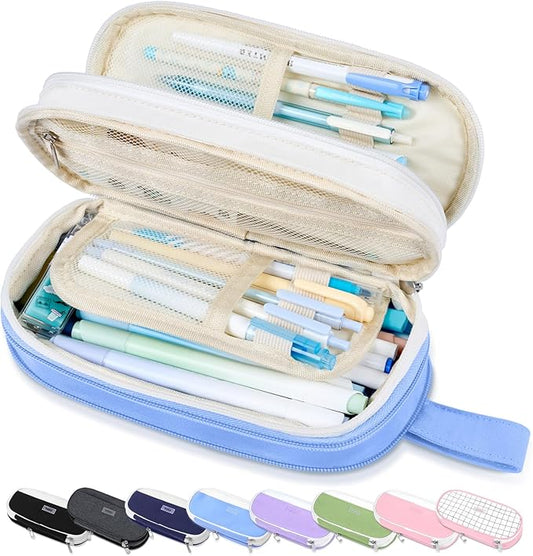 Sooez Large Pencil Case, Expandable Pencil Bag with 5 Compartments, Big Capacity Canvas Pencil Pouch Organizer with Zipper, Portable Stationery Pen Bag, Cute Aesthetic School Supplies For Teen Girls