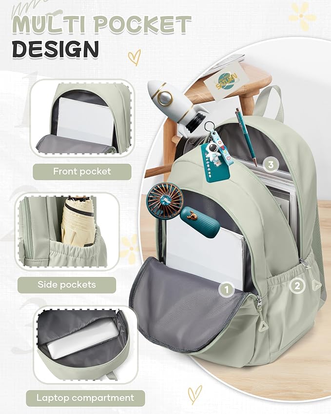 BJLFS Small Light Green Backpack for Women, Waterproof Backpack for Men, Lightweight Travel Back Pack Casual Daypack Rucksack