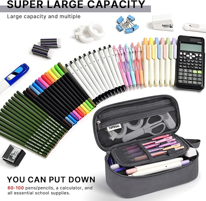 Large Pencil Case Pouch for Boy Men Kids Adults, Big Capacity Canvas Pencil Bag, Office College School Multi Compartment Zipper Stationery Pen Bag (Grey)