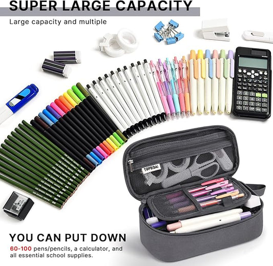 Large Pencil Case Pouch for Boy Men Kids Adults, Big Capacity Canvas Pencil Bag, Office College School Multi Compartment Zipper Stationery Pen Bag (Grey)