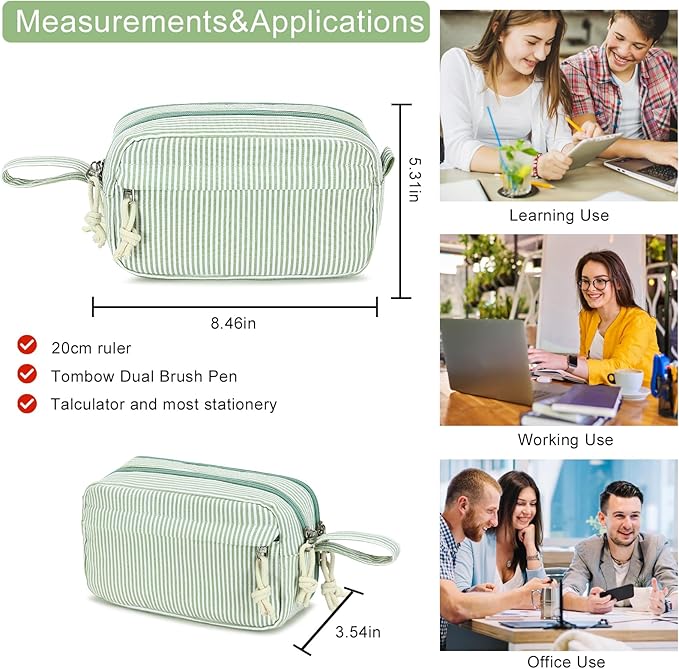 Bluboon Big Capacity Pencil Case Pencil Pouch Pen Case School Supplies Cute Pencil Box Pencil Bag for Teen Girls Boys Women Man (Green White Stripes)