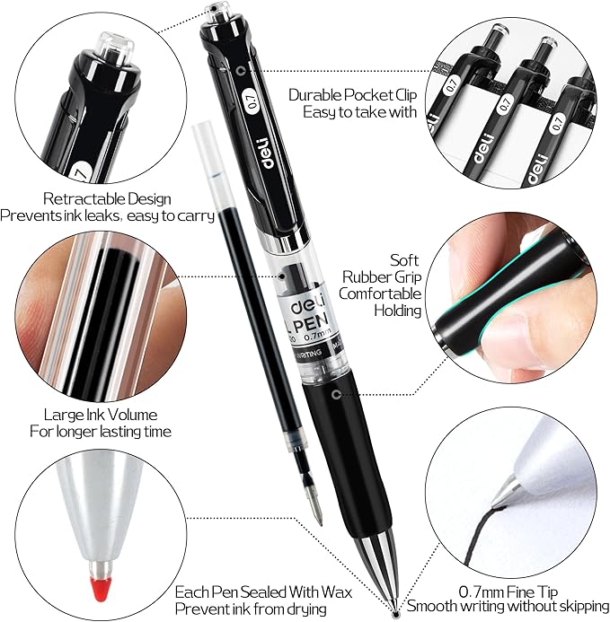 deli Gel Pens, 36 Pcs Retractable Black Ink, 12 Pens with 24 Refills，Medium Point Pen 0.7mm, Smooth Writing, Fast Dry, No Bleed for Journaling Note Taking, Home School Office Supplies
