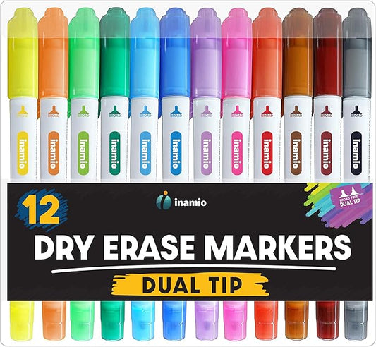 Dry Erase Markers for Whiteboard – Ultra Fine Tip White Board Markers – Dual Tip, Pastel Colors - Fine Point Erasable Markers - 12 Set
