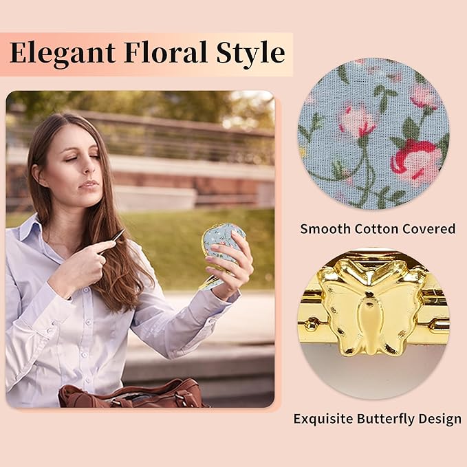 VOCOSTE Compact Flower Pocket Mirror - Oval Mini, Vintage Folding Travel Portable Pocket Mirror for Women, Blue