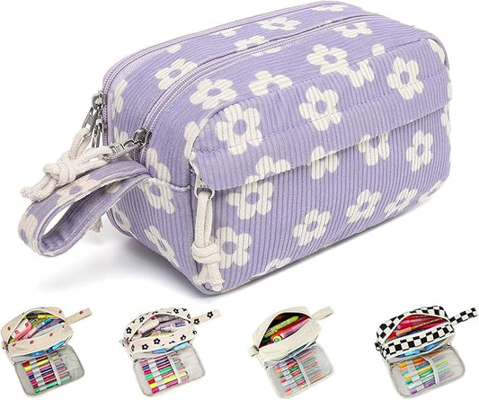 Bluboon Big Capacity Pencil Case Pencil Pouch Pen Case School Supplies Cute Pencil Box Pencil Bag for Teen Girls Boys Women Man (Beige Flower Purple)