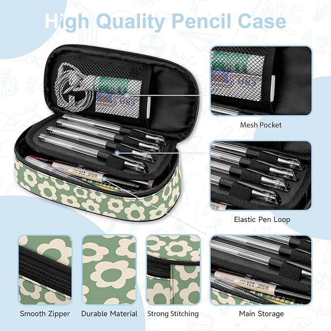 Vintage Groovy Flowers Large Pencil Pouch Big Capacity Cute Pencil Case for Girls Boys Teen Women Men Adult, Portable Kids Pencil Bag with Zipper, Stationery Storage Pen Bag for School Supplies Office