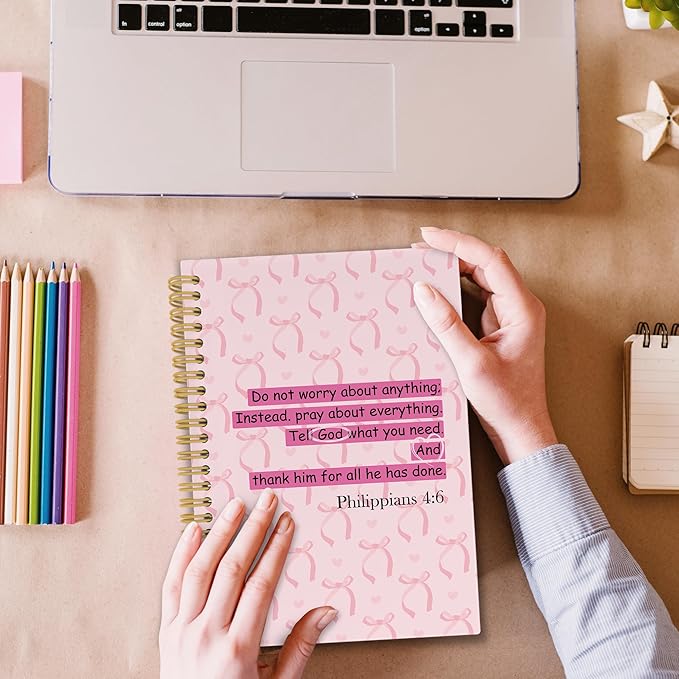 Coquette Pink Bows Christian Spiral Notebook, Scripture Bible Verses Journaling Notebooks for Church Office School, Preppy Girly Hardcover Journals for Teen Girls Women, 160 Pages 5.5 x 8.3 Inch