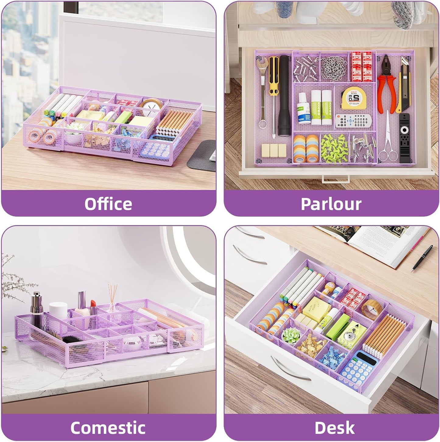 Marbrasse Expandable Desk Drawer Organizer, Mesh Drawer Organizer Tray with 10 Adjustable Compartments, Desk Organizers and Accessories for Office Supplies, Makeup & Vanity (Expandable-Purple)