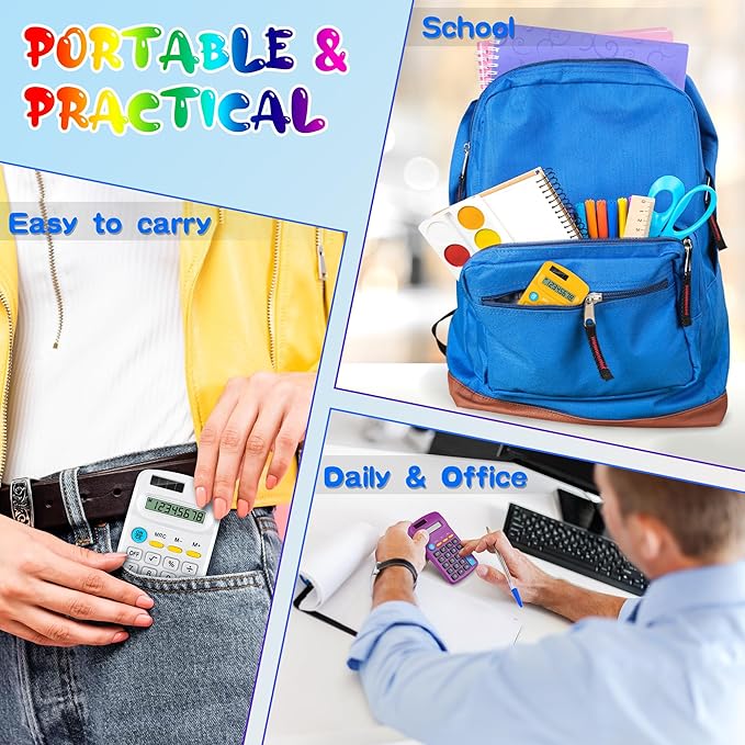 Aodaer 48 Pieces Back to School Pocket Size Calculator with Drawstring Bags Back to School 8 Digit Display Basic Calculator Mini Calculator Bulk for School Students Desktop Home Office, 8 Colors