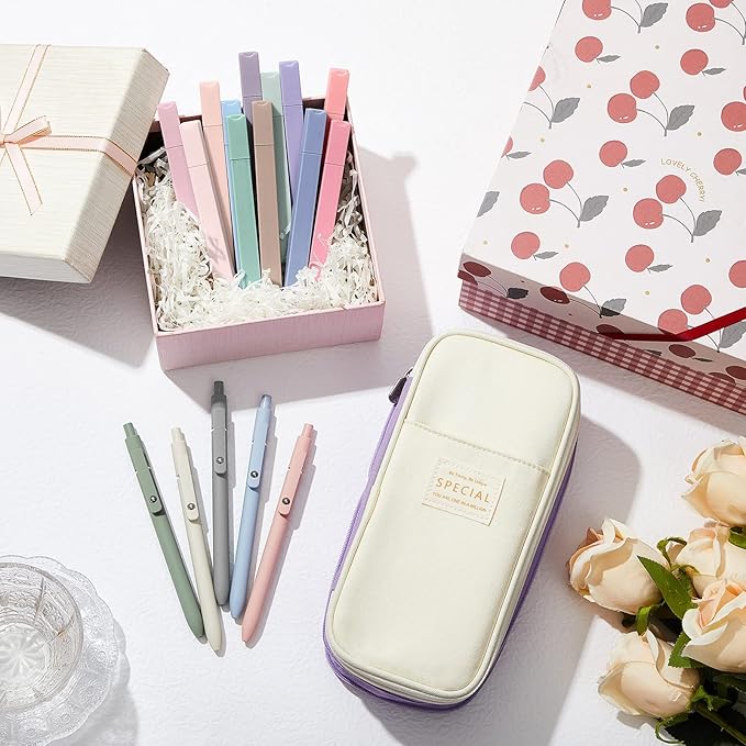 Henoyso 18 Set Aesthetic School Supplies Include Big Capacity Study Pen Bag with Zipper 12 Pcs Chisel Tip Bible Highlighters 5 Pcs Quick Dry Retractable Black Ink Pens for Student Office(Purple)