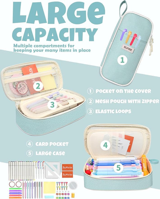 SUNEE Cute Pencil Case, Aesthetic Pen Pouch, Colored Large Pencil Bag with Zipper, Kawaii Stationery Storage and Organizer, School Supplies for Teen and Adult Girls, Mint Green
