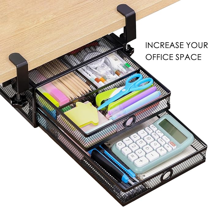 2-Tier Clamp-On Mesh Organizer, Under Desk Storage with Slide-Out Tray, No Drilling Tool-Free Installation, Durable Rust-Resistant Metal, Large-Capacity Organizer.