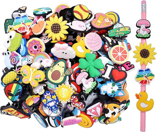 YEALQU 60PCS Random Different Pencil Topper Decoations Cute PVC Pencil Toppes Lovely Black Clip for Pupil/Junior Students Gifts Awards