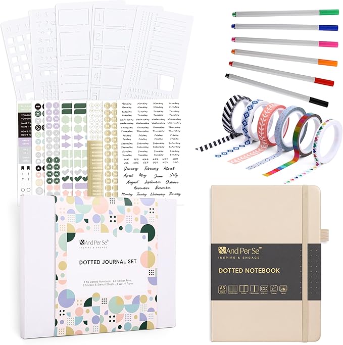 &And Per Se Dotted Journal Notebook Set, A5 Hardcover Dotted Journal (Light Apricot), 6 Fineliner Pens, 8 Sticker, 5 Stencil Sheets & 6 Washi Tapes, Journaling Supplies for Planner Schedule