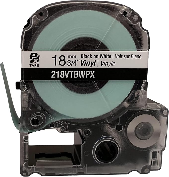 Epson LABELWORKS 218VTBWPX Genuine Tape Cartridge - Black on White Flexible and Durable Vinyl Industrial Label Maker Tape - 3/4" (18MM) Wide, 22.9 ft