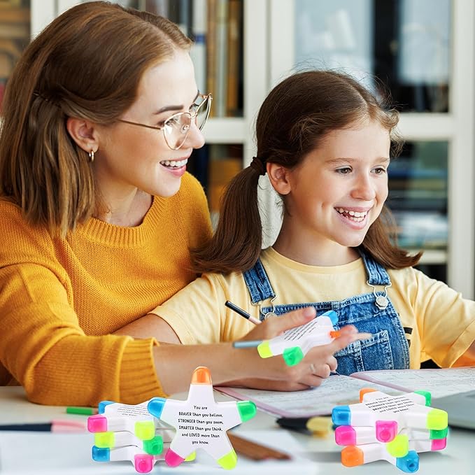 24 Sets Back to School Gifts for Students Star Highlighters with You're a Star Cards Gift Bags 5 in 1 Fluorescent Pens Affirmation Gifts for First Day of School Party Favor (Stronger)
