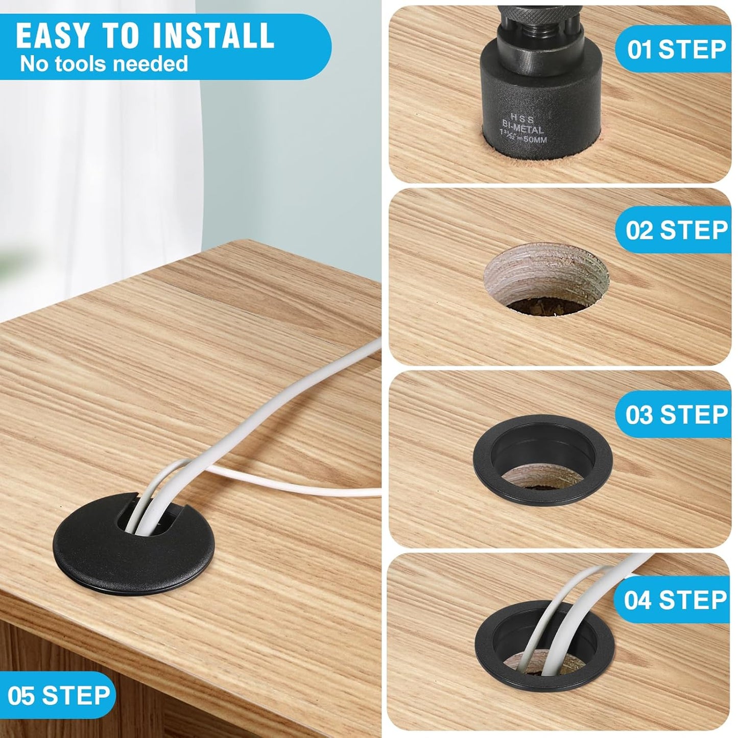 1-1/2" Black Desk Grommet with Bi-Metal Hole Saw, JTemgle Plastic Cable Hole Cover Computer Table Cord Wire Organizer Caps, Desktop Cord Management for Home Office TV Stands Tabletops, 7 Pieces