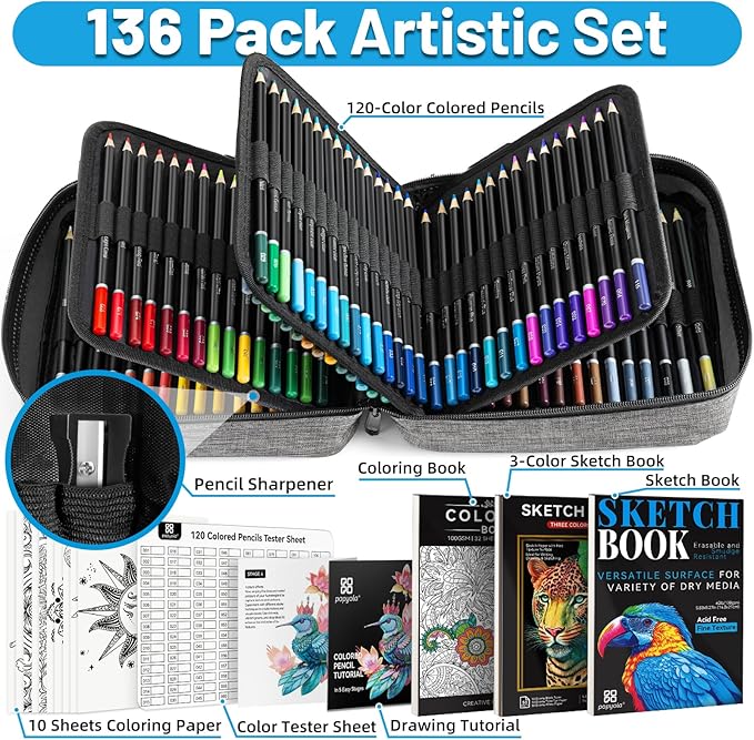 136 PCS Colored Pencils Set for Adult Coloring Books, 120 Colored Pencils with Sketchbook, Coloring Book, Sharpener, Soft Core Oil-Based Coloring Pencils for Artists Drawing Sketching Blending Shading