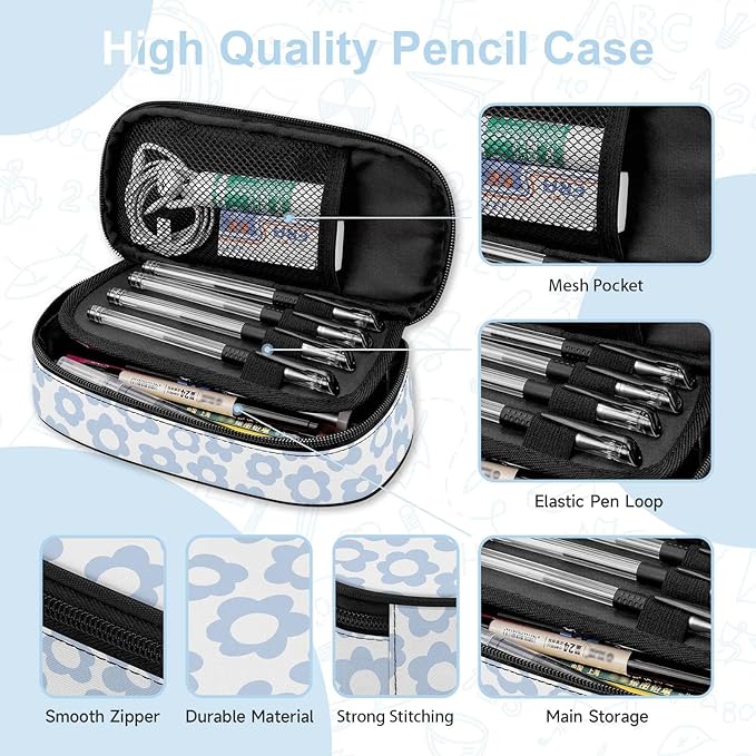 Blue Retro Floral Large Pencil Pouch Big Capacity Cute Pencil Case for Girls Boys Teen Women Men Adult, Portable Kids Pencil Bag with Zipper,Stationery Storage Pen Bag for School Office Organizer