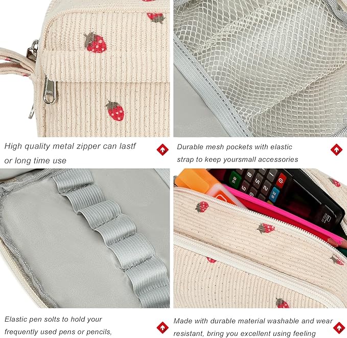 Bluboon Big Capacity Pencil Case Pencil Pouch Pen Case School Supplies Cute Pencil Box Pencil Bag for Teen Girls Boys Women Man (Strawberry Beige)