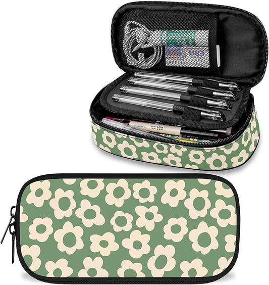 Vintage Groovy Flowers Large Pencil Pouch Big Capacity Cute Pencil Case for Girls Boys Teen Women Men Adult, Portable Kids Pencil Bag with Zipper, Stationery Storage Pen Bag for School Supplies Office