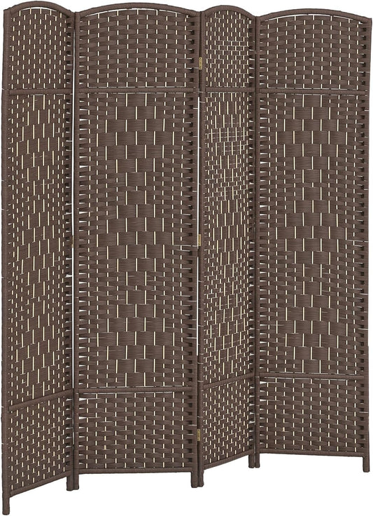 HOMCOM 4 Panel Room Divider, 6' Tall Folding Privacy Screen, Hand-Woven Freestanding Wall Partition for Home Office, Bedroom, Brown