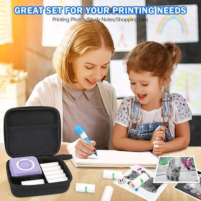 Purple Mini Pocket Printer with Black Case, Thermal Printer with 10 Rolls Thermal Paper, Mini Portable Photo Printers for Travelling, Journal, Memo, Photo, Study Notes, Shopping Lists