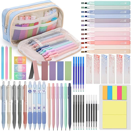 61 PCS Aesthetic School Supplies with Cute Pen Case, Pastel Highlighters, Gel & Erasable Pens, Mechanical Pencils, Refills, Complete Essentials Stationery Kit for Students (Blue)