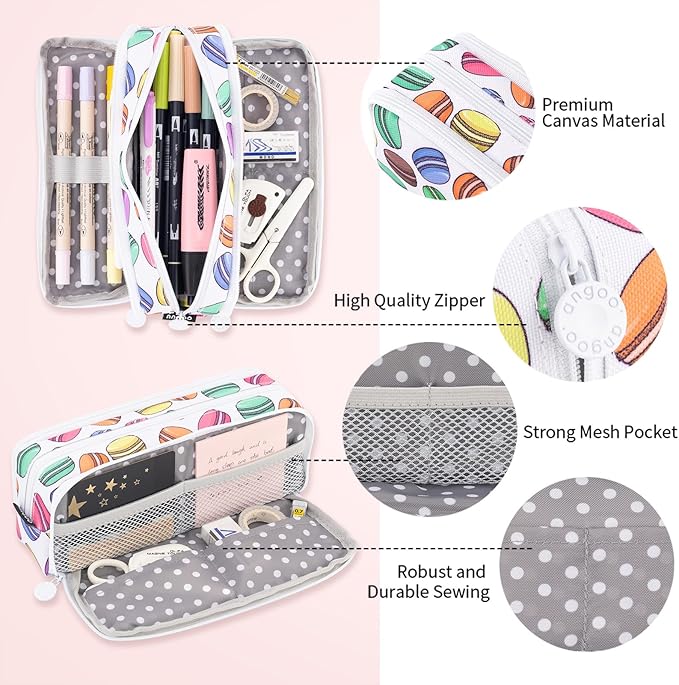 ANGOOBABY Large Pencil Case Big Capacity 3 Compartments Canvas Pencil Pouch for Teen Boys Girls School Students (White Macaron)