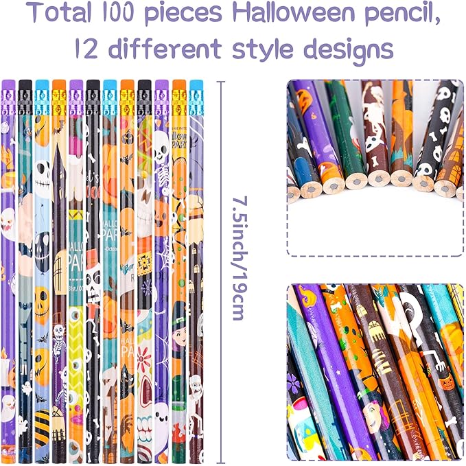 Kolewo4ever 100 Pieces Halloween Pencils Ghost Pumpkin Wood Pencils with Eraser Tops,Assortment Halloween Stationery Pencil for Halloween Party Favors,12 Styles