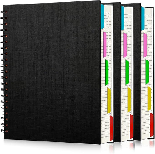 EUSOAR Notebook with Tabs, 3 Pack A4 Letter Size11 x 8-1/2", Black Hardcover Spiral 5 Subject Notebook, 120 Sheets/ 240 Pages, 100GSM College Ruled Paper, Journals for Work Office School Composition