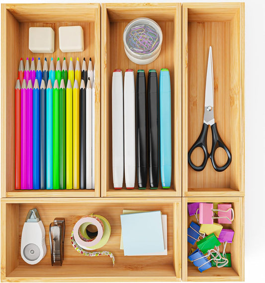 Bamboo Drawer Organizer Set, 5 PCS Wooden Storage Trays for Kitchen, Bathroom, Office, Makeup