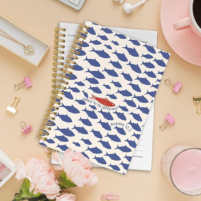 Christian Fish Spiral Notebook, Coastal Beach Bible Journaling Notebooks for Note Taking, Ocean Fish Hardcover Journals for Women Men 160 Pages 5.5 x 8.3 Inch, Christian Gifts for Women