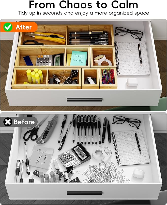 Desk Drawer Organizer Tray Set of 6 – Bamboo Office Storage Boxes with 12 Compartments for Office Supplies, Cosmetics, Jewelry and More