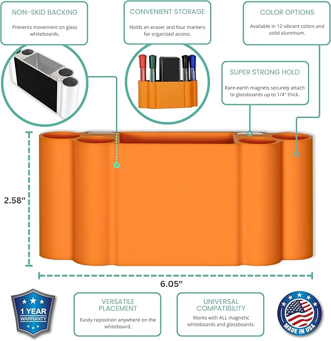 Glassboard Studio Magnetic Dry Erase Marker Holder - Super Strong for Magnetic Glass Whiteboard or Fridge - 2 Large Neodymium Magnets - No Slip Grip - Eco-Friendly PLA Plastic (Tangerine Orange, KIT)